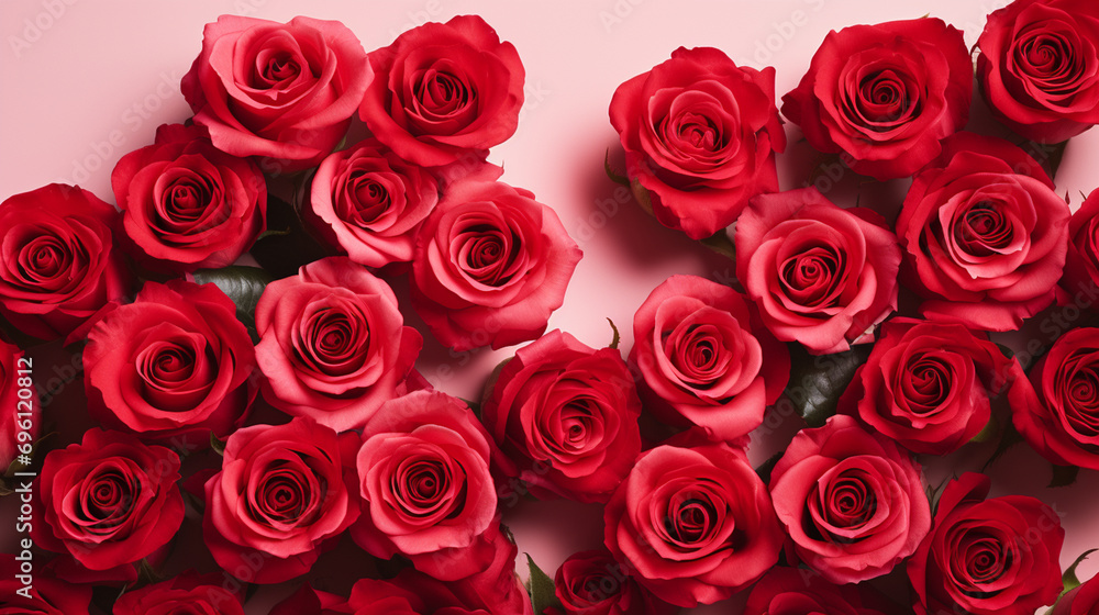 Red Valentine's Day Roses in Vibrant Deep Red Color - Overhead Flat Lay View of Floral Petals and Leaves - Romantic Holiday Color Tones Red Valentine's Day Roses in Vibrant Deep Red Color - Overhead Flat Lay View of Floral Petals and Leaves - Romantic Holiday Color Tones