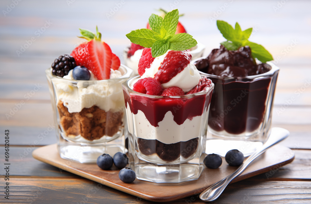 Healthy breakfast - yogurt with fresh berries and muesli served in glass jar, on wooden background, close up.