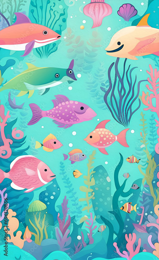 Naklejka premium Underwater world illustration. background with fish. baby picture.