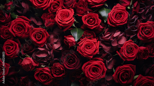 Red Valentine s Day Roses in Vibrant Deep Red Color - Overhead Flat Lay View of Floral Petals and Leaves - Romantic Holiday Color Tones