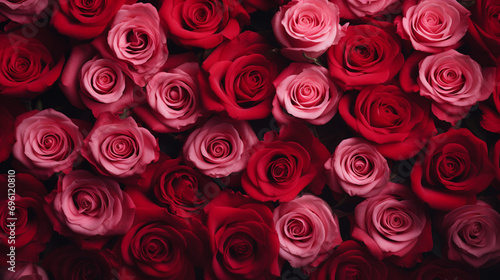 Red Valentine s Day Roses in Vibrant Deep Red Color - Overhead Flat Lay View of Floral Petals and Leaves - Romantic Holiday Color Tones