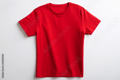 Blank red t-shirt on white background, top view, ready for branding or design mockup.