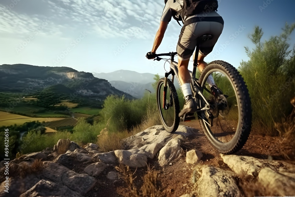 Countryside Cycling - Man Riding Mountain Bike, Back View, Low Angle Perspective Countryside Cycling - Man Riding Mountain Bike, Back View, Low Angle Perspective