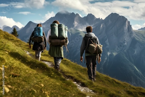 Alpine Odyssey - Hiking People in Italian Landscapes, Dark Green and Blue Palette, Unprimed Canvas Aesthetic photo