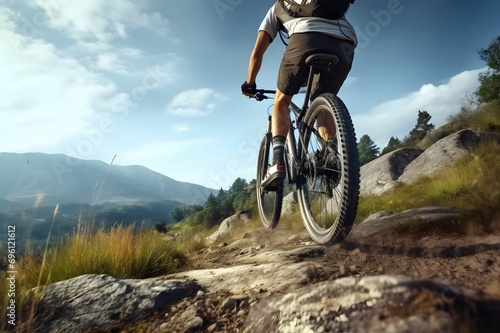 Countryside Cycling - Man Riding Mountain Bike  Back View  Low Angle Perspective