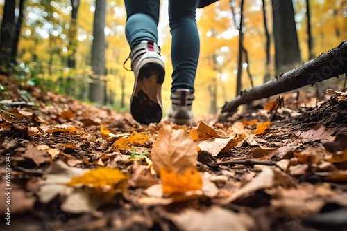 Forest Stroll - Hiker Walking on Leaf-Covered Trail  Daytime  Seen from Behind  Blurred Background