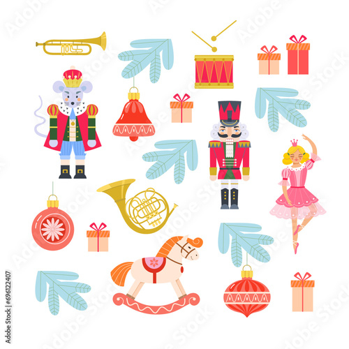 Set of fairy-tale characters from Nutcracker ballet. Nutcracker, ballerina, mouse king, rocking horse, gifts, fir branches with Christmas tree decorations, musical brass and percussion instruments.