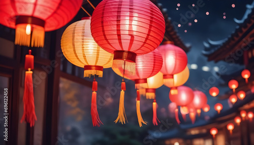 chinese new year lantern, chinese new year celebration, Chinese oriental watercolor background with traditional paper lanterns created with generative ai