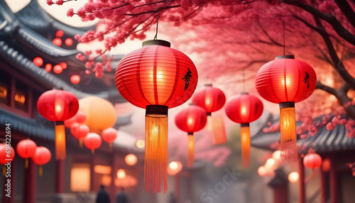 red lanterns in chinese temple,Chinese oriental watercolor background with traditional paper lanterns created with generative ai	 photo