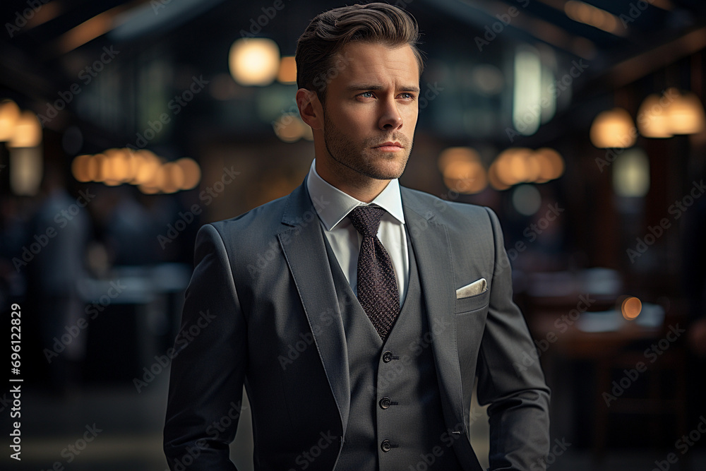 Confident businessman in a sharp suit standing outdoors with a blurred city background. Confident businessman in a sharp suit standing outdoors with a blurred city background.
