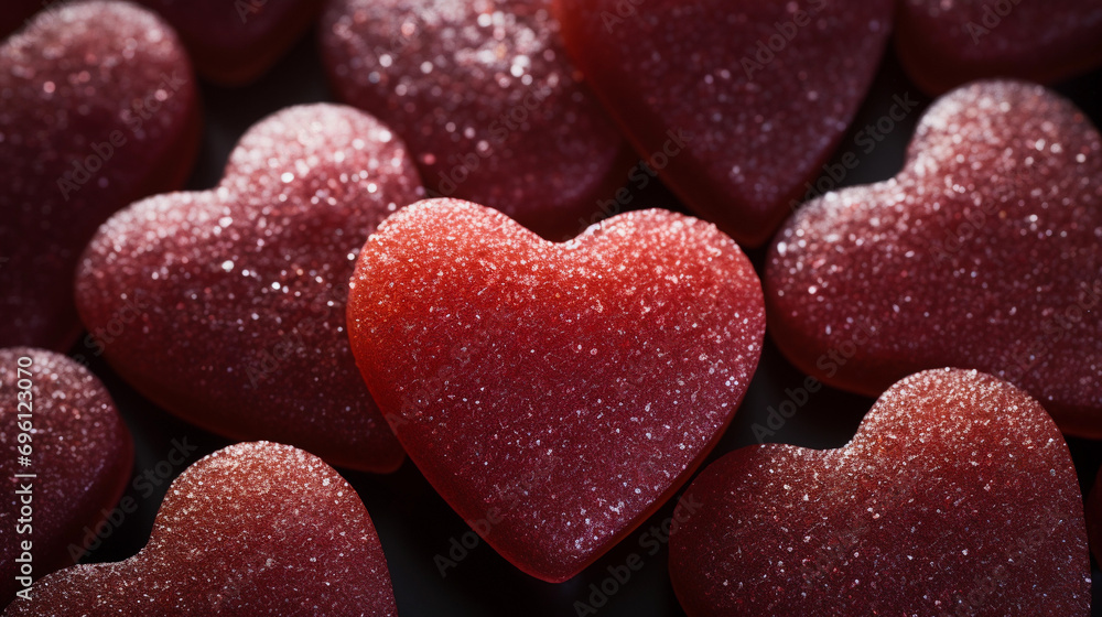 Obraz premium Close-up of red and pink sugar-coated heart-shaped candies with a focus on one in the center.
