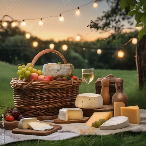 A rustic outdoor picnic setup with an assortment of cheeses and bread3 photo