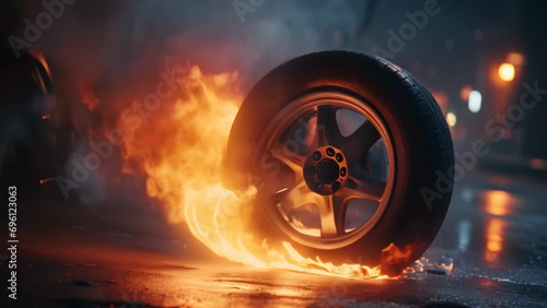 Burning tire on a night street after a drag racing animation photo