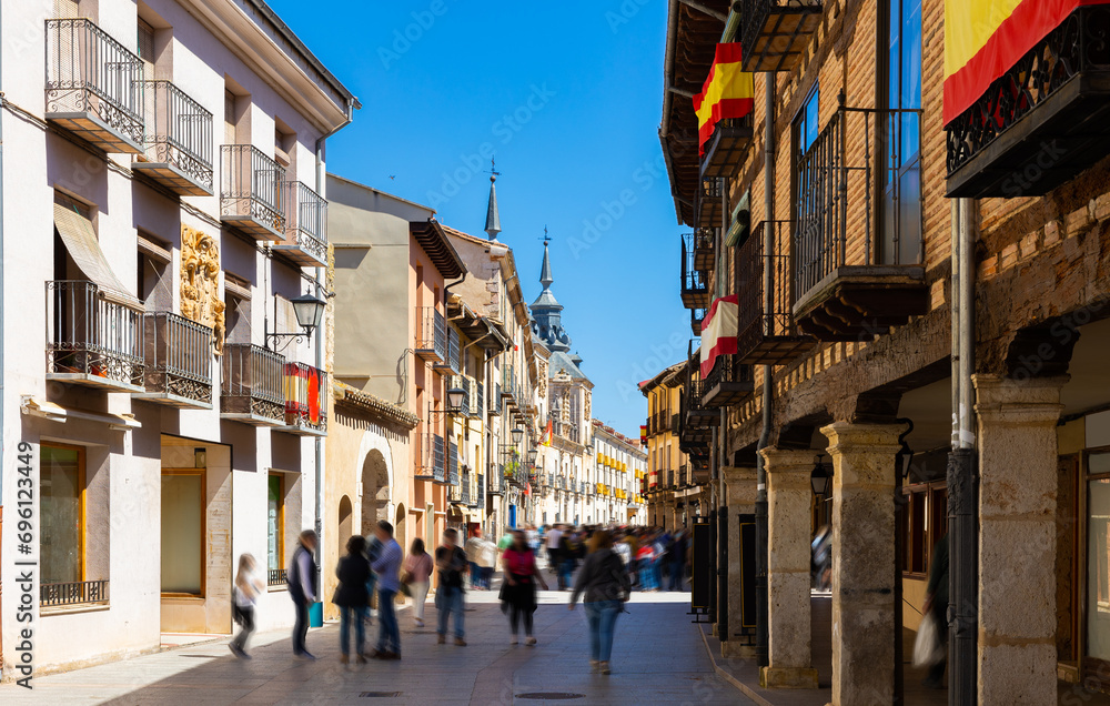 Crowded street of El Burgo de Osma in daytime. Castile and Leon, Spain.
