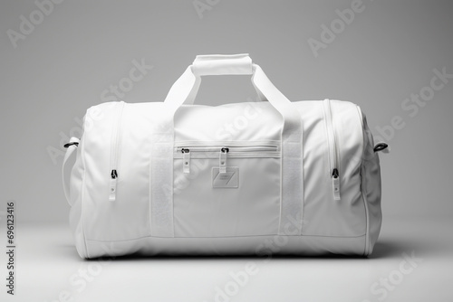 White duffel bag on a gray background with a minimalist design. photo