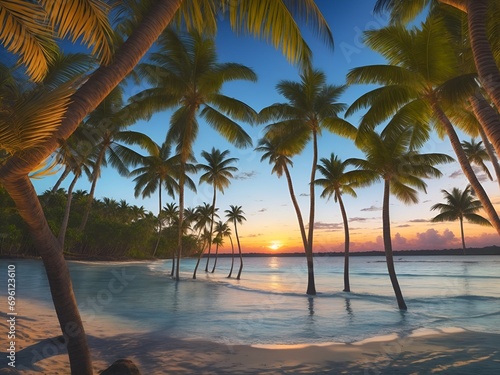 beach  somewhere on the islands near the equator  sea palm trees sand  beautiful sunset in the evening.