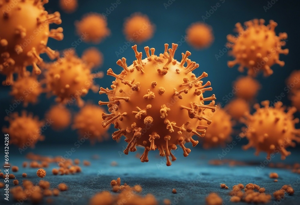 CORONAVIRUS - Orange cartoon virus isolated on blue abstract rustic texture background banner panorama CORONAVIRUS - Orange cartoon virus isolated on blue abstract rustic texture background banner panorama