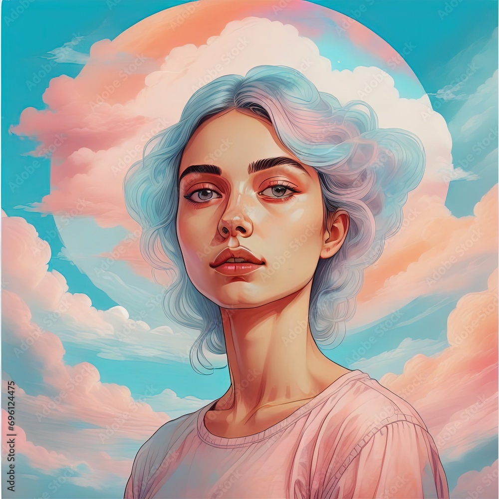 beautiful girl, Round cloud overhead, holography, pastel colors ...