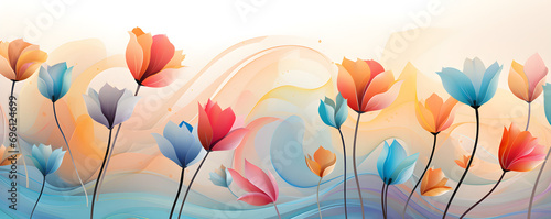 Floral banner with colorful flowers on a light background, suitable for horizontal posters, greeting cards, headers, banners, websites, and digital art,