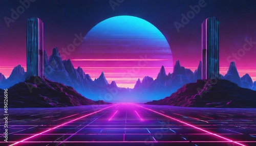 Synthwave retro cyberpunk style landscape background banner or wallpaper.	
 photo