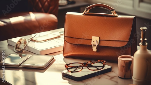 business briefcase in a office alongside with glasses and cell phone on table © Glenn Finch
