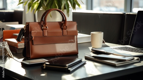 business briefcase in a office alongside with laptop, coffee and cell phone on table photo