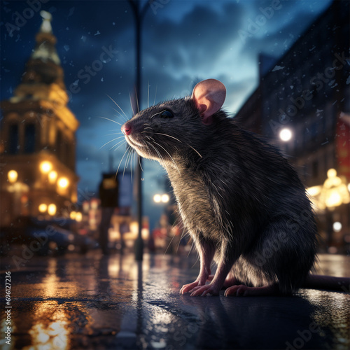 a rat on an evening city street against the backdrop of buildings. Rat infestation and rodent control concept.  photo