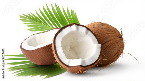 Fresh raw coconut with palm leaves isolated on white background. generative ai