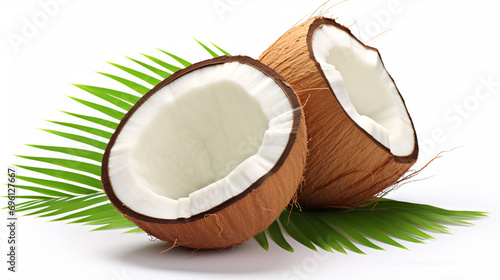 Fresh raw coconut with palm leaves isolated on white background. generative ai