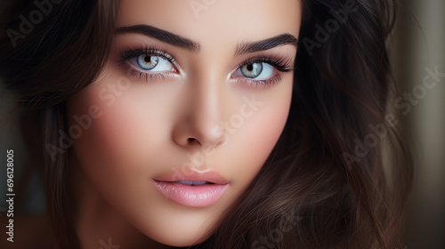 Closeup attractive european female face with makeup, beauty. A captivating close-up portrait of a woman with deep blue eyes and lush, flowing brown hair, exuding natural elegance and beauty
