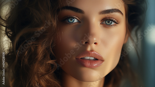 Wallpaper Mural A close-up portrait of a woman with deep blue eyes and full lips, her wavy hair flowing, capturing a moment of enigmatic beauty Torontodigital.ca