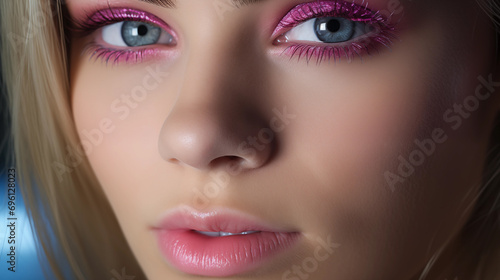 A captivating close-up portrait of a woman with pink eyeliner  showcasing her detailed makeup and natural beauty