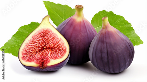 Isolated fig with leaf. Whole fig fruit and slice fig on white background. generative ai photo