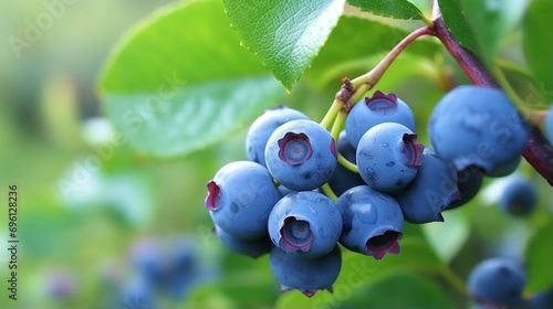 Ripe blueberries (bilberry) on a blueberry bush on a nature background. generative ai