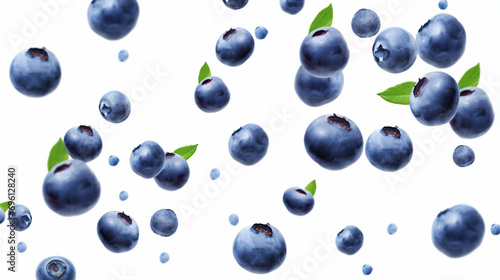 Many flying blueberries on white background. generative ai