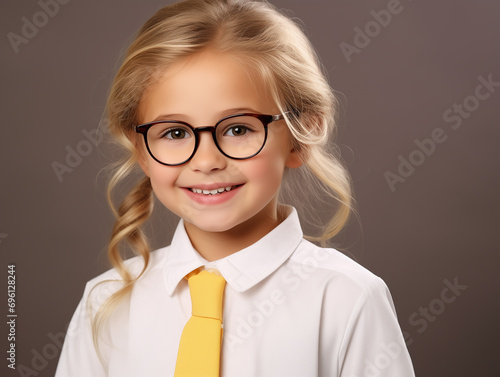 Blond happy school girl kid 7 years in glasses, smiling, looking at camera, isolated on the grey background, studio shot. Back to school concept