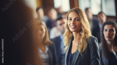 Portrait of young businesswoman in conference hall with colleagues in background