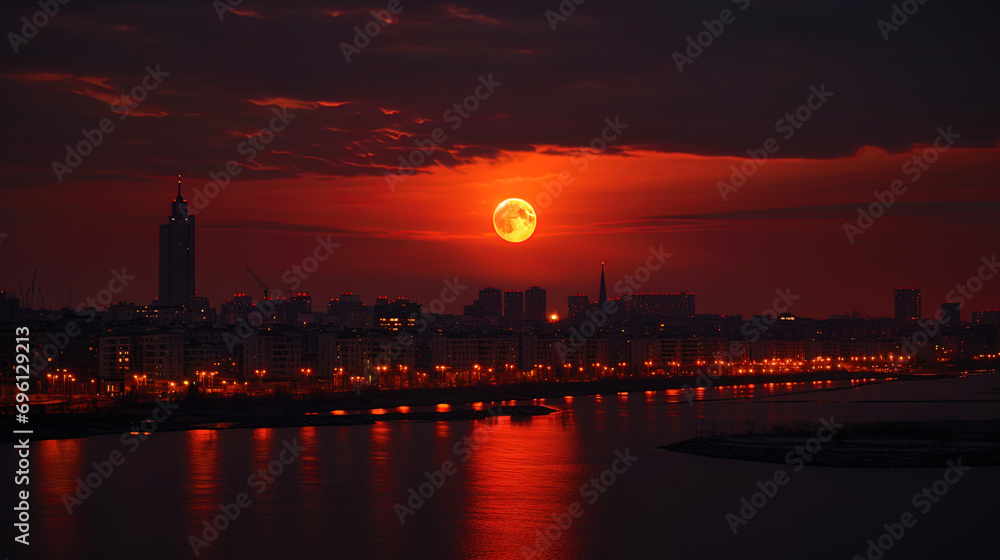 Moon Symphony: Big Red Moon in the center of the city sky