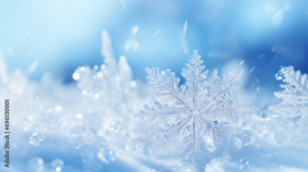 Winter Wallpaper with Beautiful Crystalline Snowflake. Christmas Banner with copy-space.