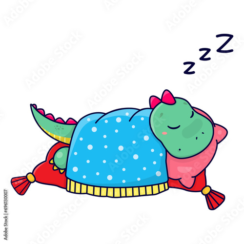 A cute cartoon dinosaur sleeps on a pink feather bed. Childrens vector illustration