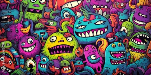 doodle cute and funny monsters on colorful background, Generative AI © avrezn