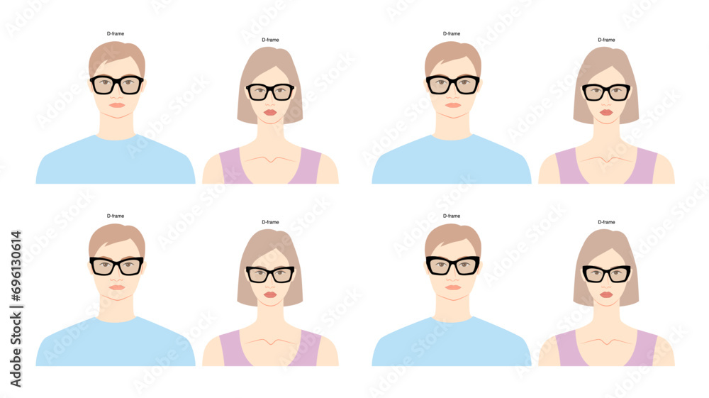 Set of D-frame frame glasses on women and men flat character fashion accessory illustration. Sunglass front view unisex silhouette style, rim spectacles eyeglasses, lens sketch style outline isolated Set of D-frame frame glasses on women and men flat character fashion accessory illustration. Sunglass front view unisex silhouette style, rim spectacles eyeglasses, lens sketch style outline isolated