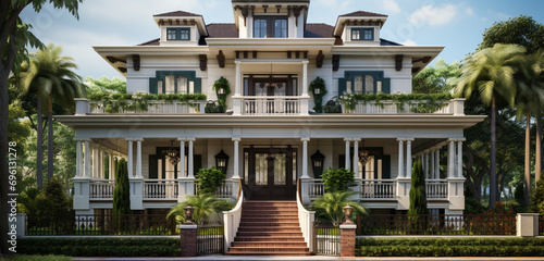 A colonial mansion with a 3D front elevation featuring intricate woodwork and balconies