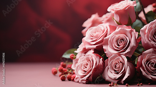 Gorgeous Pink Rose Bouquet with Valentine's Day Color Tones - On Textured, Vintage Pastel Background - Flower Blooms, Leaves, and Foliage with Studio Lighting and Romantic Muted Surrealism Effect