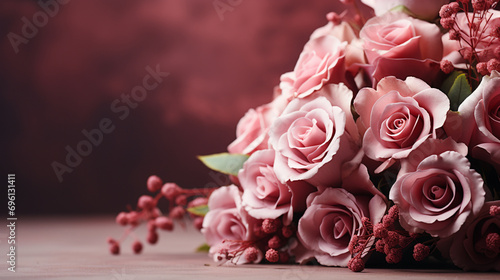 Gorgeous Pink Rose Bouquet with Valentine's Day Color Tones - On Textured, Vintage Pastel Background - Flower Blooms, Leaves, and Foliage with Studio Lighting and Romantic Muted Surrealism Effect