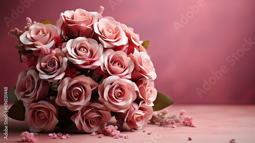 Gorgeous Pink Rose Bouquet with Valentine's Day Color Tones - On Textured, Vintage Pastel Background - Flower Blooms, Leaves, and Foliage with Studio Lighting and Romantic Muted Surrealism Effect