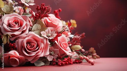 Gorgeous Pink Rose Bouquet with Valentine's Day Color Tones - On Textured, Vintage Pastel Background - Flower Blooms, Leaves, and Foliage with Studio Lighting and Romantic Muted Surrealism Effect