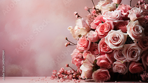Gorgeous Pink Rose Bouquet with Valentine's Day Color Tones - On Textured, Vintage Pastel Background - Flower Blooms, Leaves, and Foliage with Studio Lighting and Romantic Muted Surrealism Effect