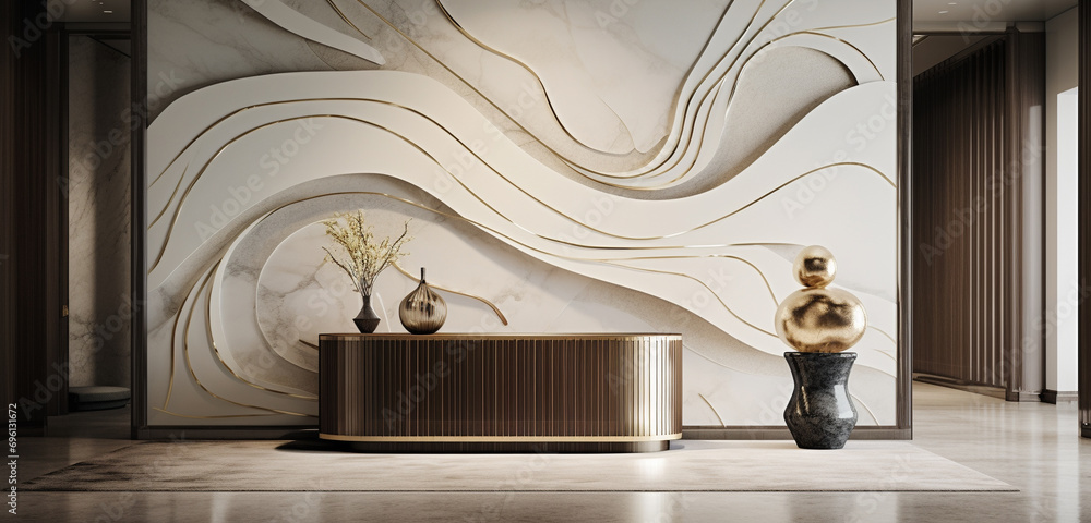 A luxury foyer with an elegant 3D marble wall design and a simple ...