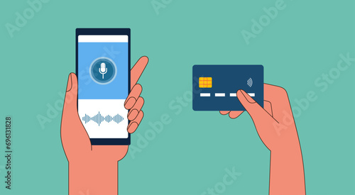 Secure Mobile Finance, Voice Recognition and Biometric Payment on the Phone with Credit Card, Vector Flat Illustration